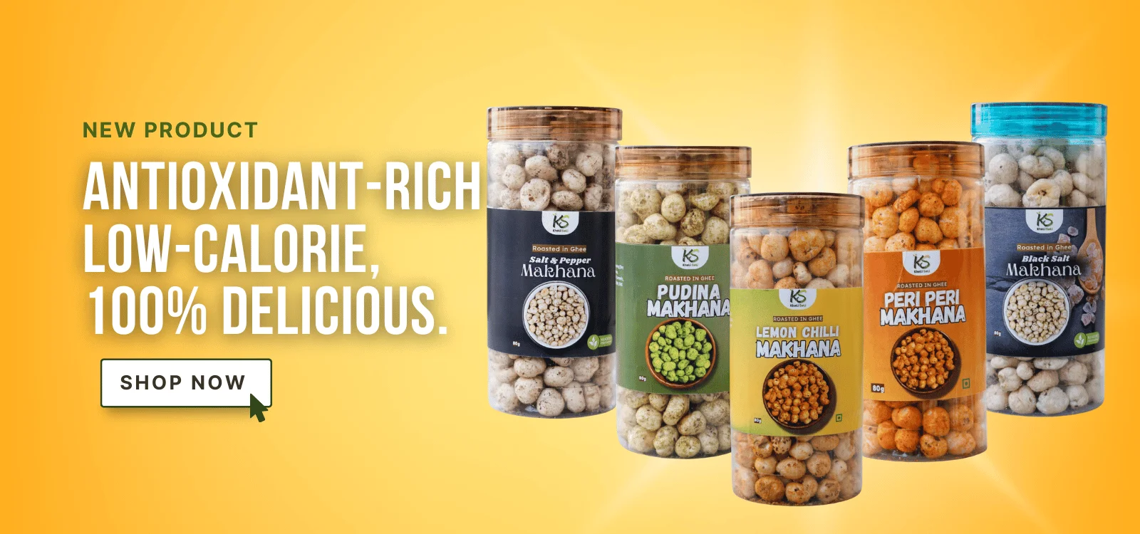 Kheti Seti roasted makhana range: salt and pepper, pudina, lemon chilli, peri peri and black salt