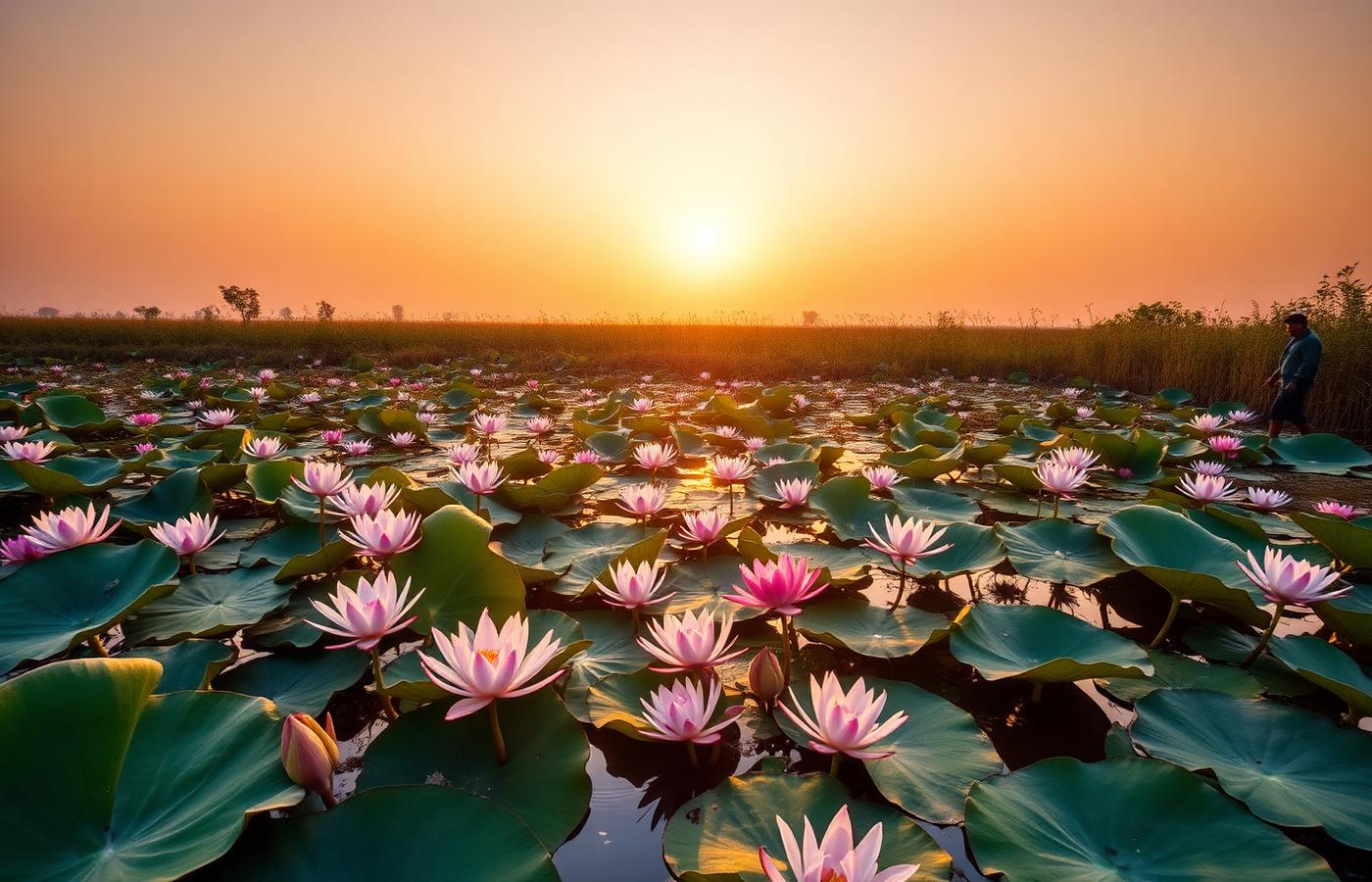 Lotus ponds in rural Bihar at sunrise